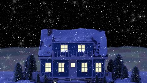 Animation-of-snow-falling-over-house-covered-in-snow-and-winter-landscape-background