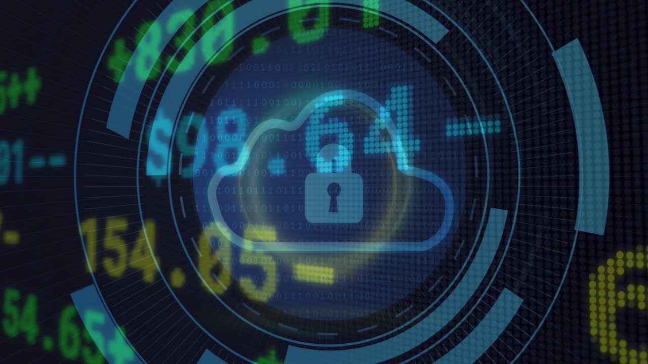 animación del procesamiento de datos del mercado de valores a través del icono de nube y el icono de candado de seguridad