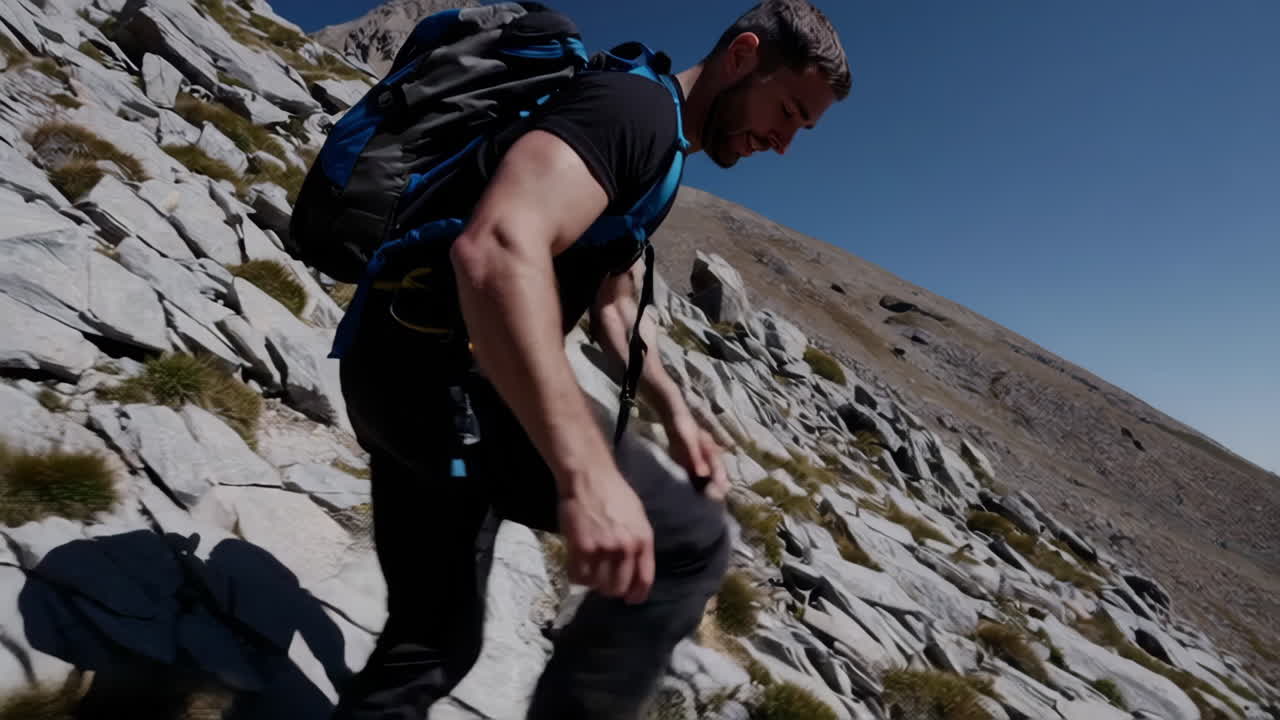Man Hiking Up a Rocky Mountain Slope on a Clear Day