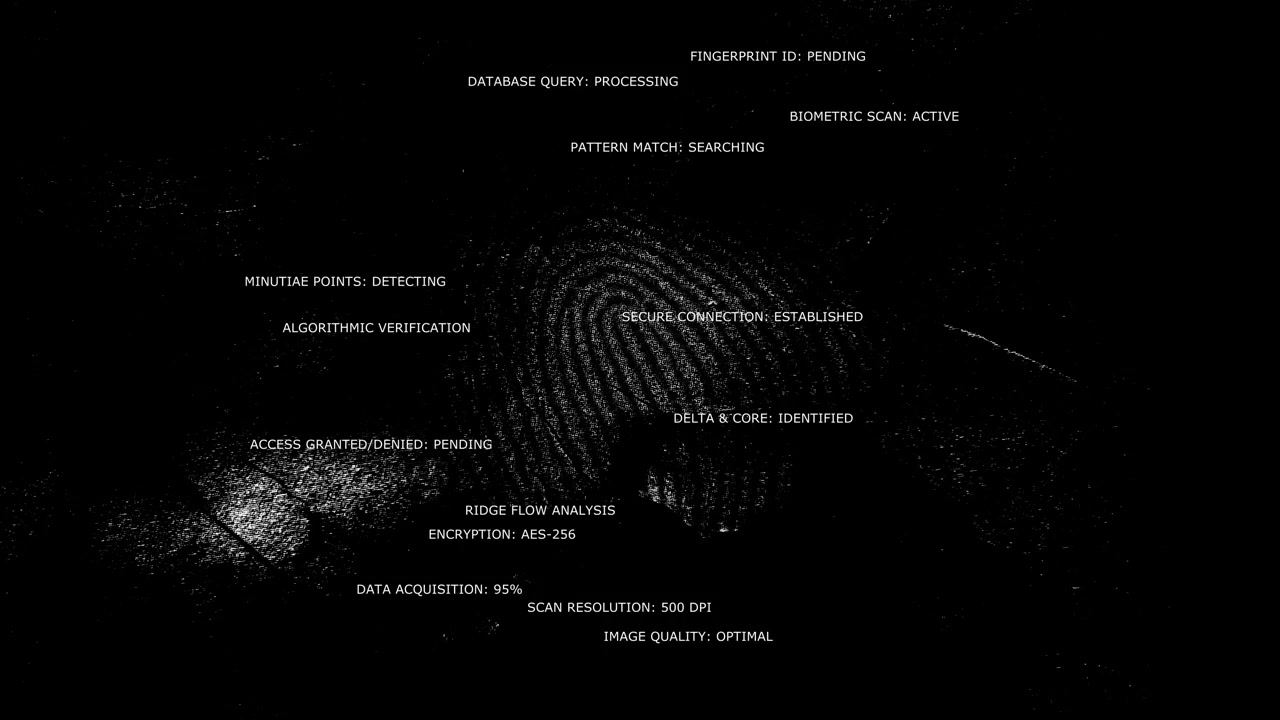 En stiliseret digital fingeraftryksscanning behandler algoritmiske verificeringsdata på en mørk HUD-grænseflade. Ideel til koncepter som spionage, identitetstyveri og højteknologisk kriminalefterforskning