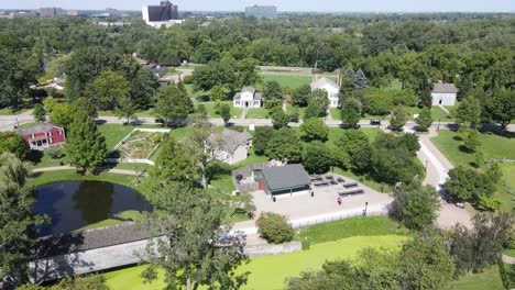 Historic-Greenfield-Village,-Dearborn,-Michigan,-USA,-aerial-view-on-Ackley-Pond