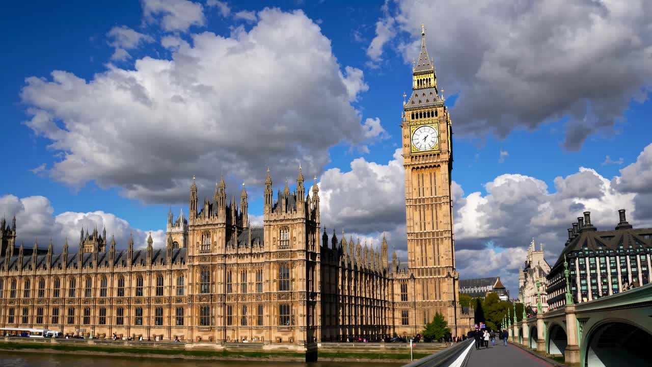 Video grandangolare del Big Ben e del Parlamento sotto un cielo nuvoloso