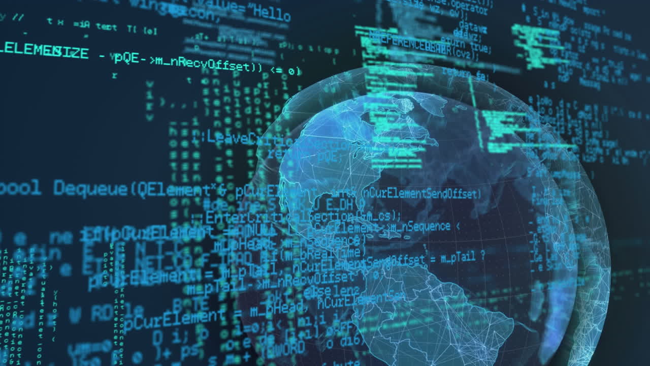 전 세계 지도 위의 파란 데이터 처리 인터페이스의 애니메이션