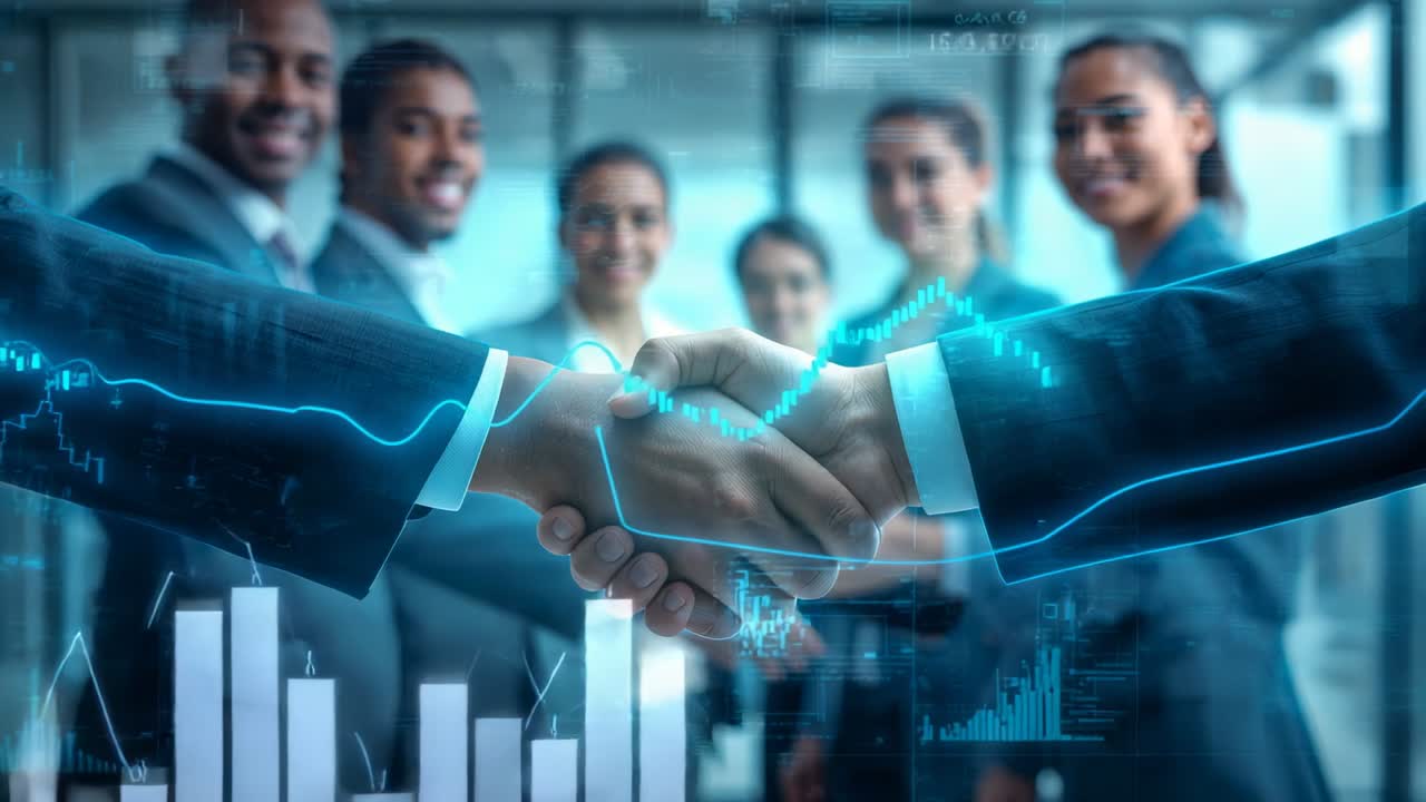 Stretta di mano che suggella un accordo in ufficio, con grafico a linee blu neon e grafici a barre in crescita