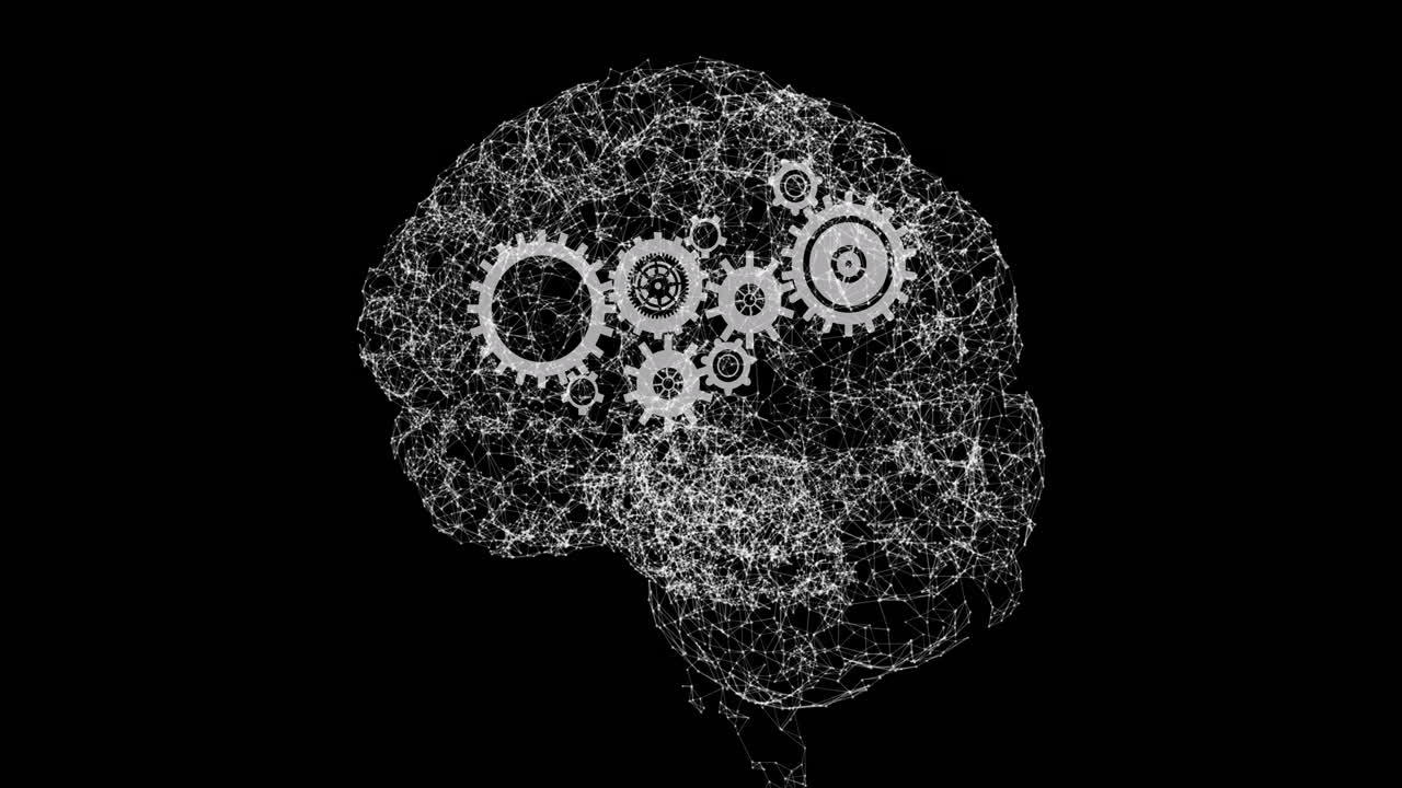 Animation of brain rotating over black background with gears