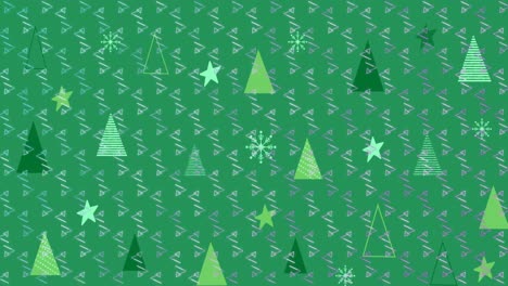 Animation-of-abstract-shapes-pattern-over-christmas-trees-and-stars-icons-with-copy-space