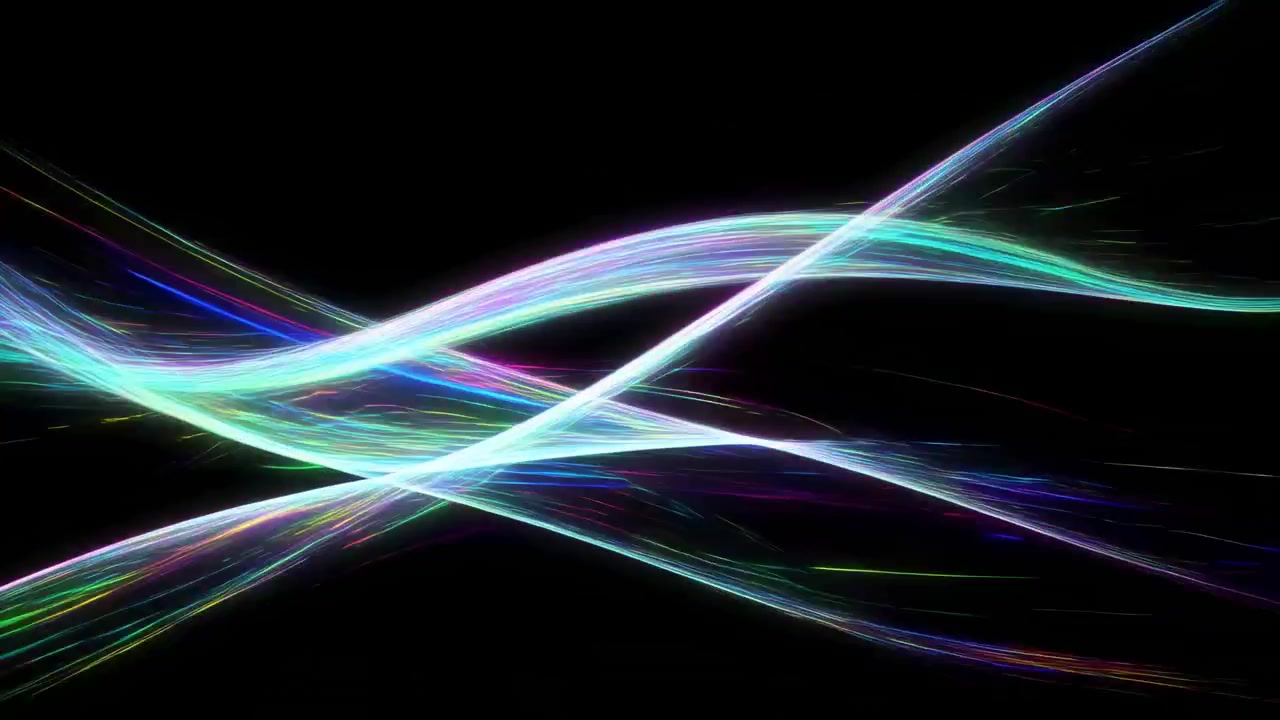 dynamic abstract light waves flow and intertwine against a dark background, creating a futuristic and visually striking scene with side view and vibrant blue, green, yellow, and white hues.