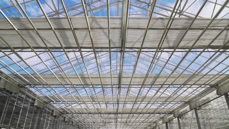 Large-greenhouse-ceiling,-horticulture-garden-centre-roof,-slider-shot