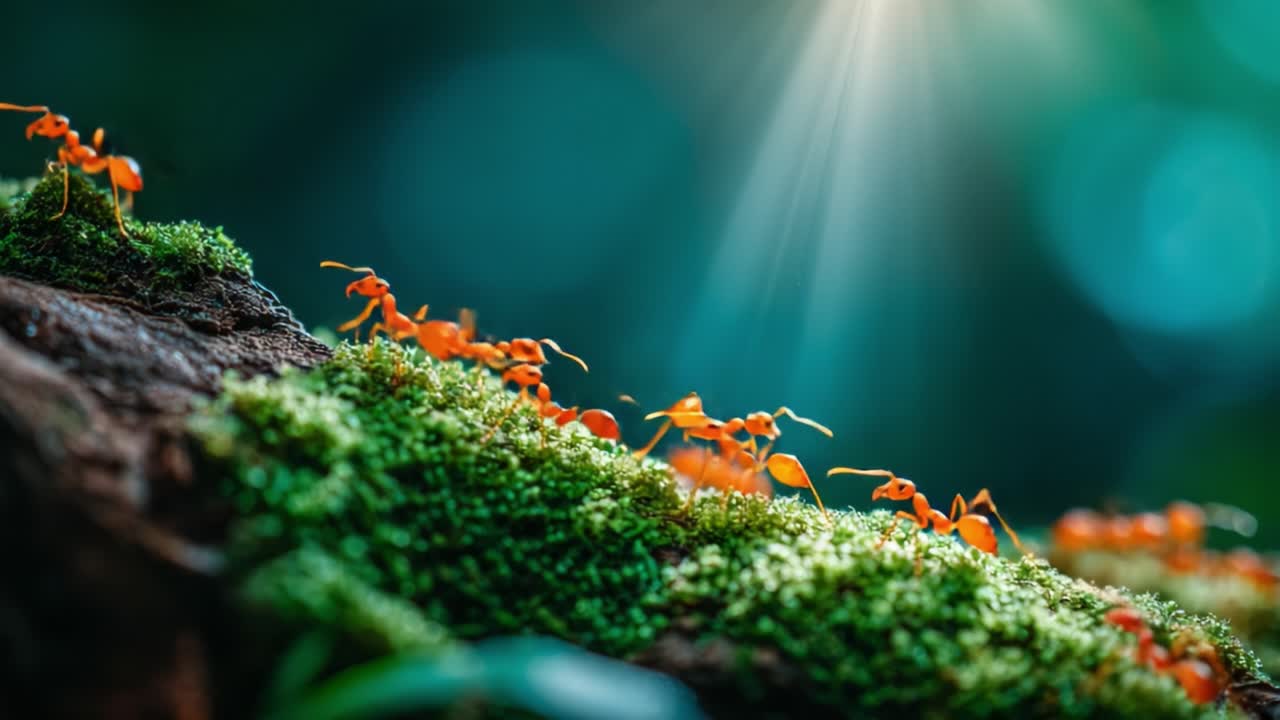 A Captivating Journey of Ants Traversing Lush Green Moss under Soft Sunlight, Showcasing Nature's Intricate Beauty and the Fascinating Behavior of These Tiny Creatures