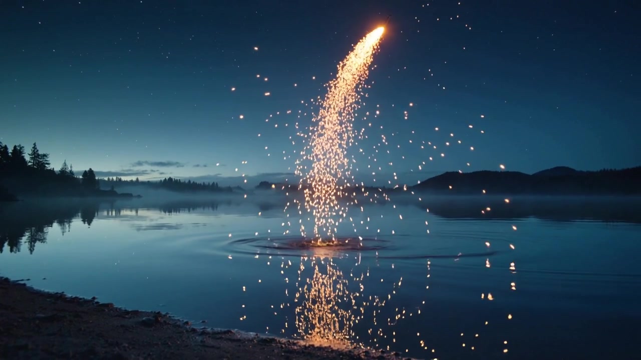 Razzo luminoso che si accende sollevandosi da un lago al crepuscolo, con una traiettoria arcuata verso destra, scintille disperse e riflesso increspato sull'acqua