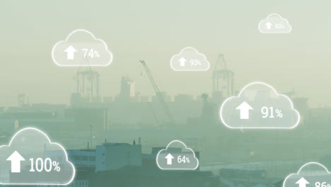 animation of clouds icons over cityscape