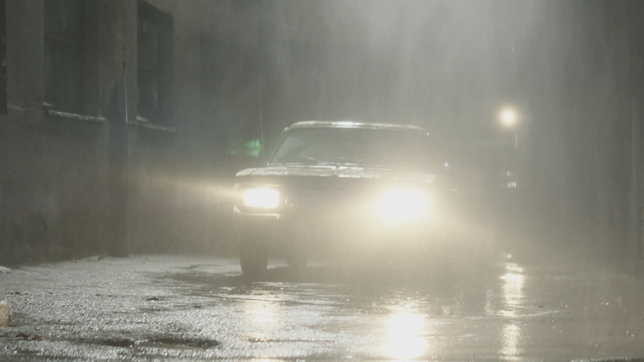 자동차와 함께 밤 비 골목 장면