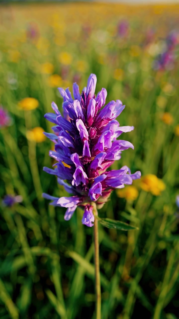 Rackfokus fra en lilla villblomst til en levende eng