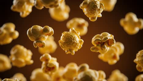 a captivating close-up of floating popcorn kernels in motion, perfectly captured to showcase their irresistible texture and golden color against a warm background