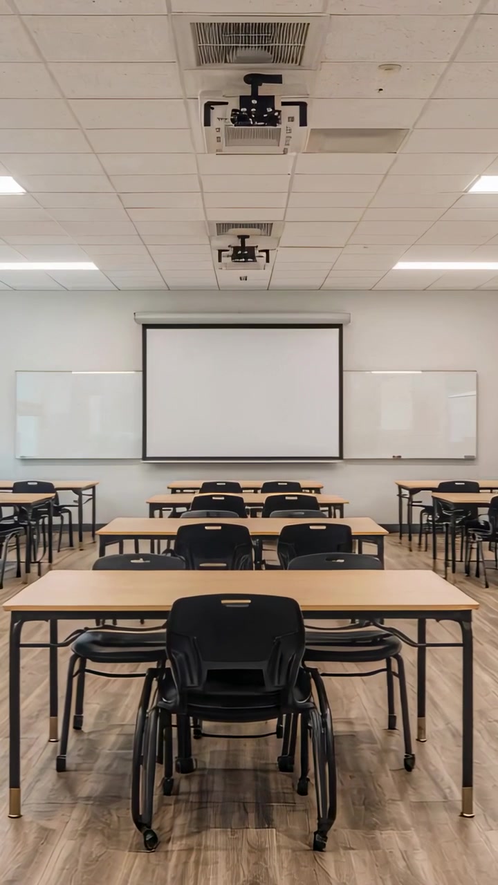 Video verticale: Telecamera che riprende un tavolo anteriore con sedie impilate in un'aula.