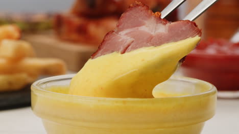 smoked pork with mustard dip and fries