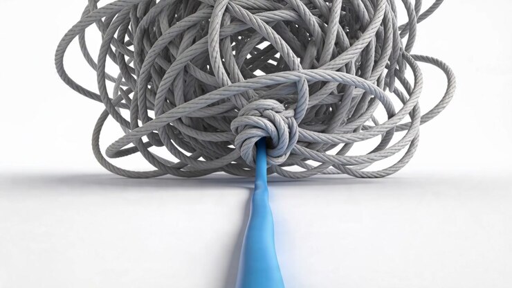 Pulling bright blue cable through tangled gray cords on white table, clearing central knot path