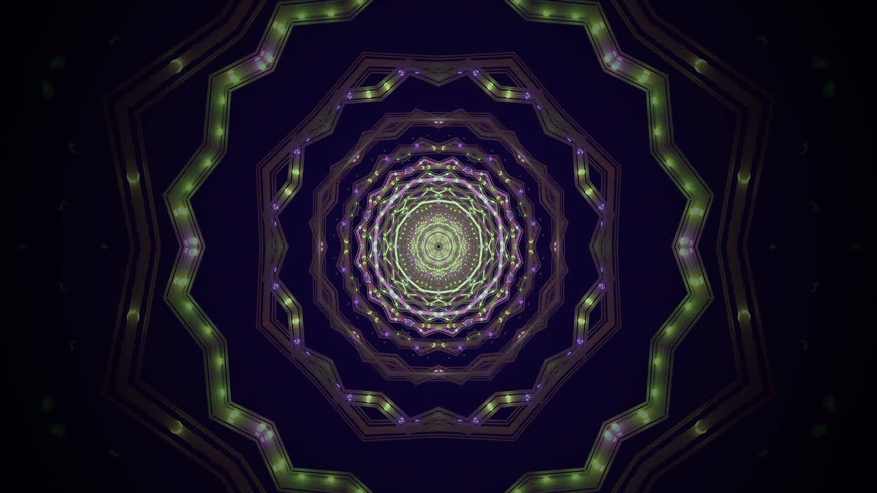 A vibrant tunnel scene captivates the viewer with a seamless looping effect. The intricate design features bold colors and geometric patterns for an engaging visual experience