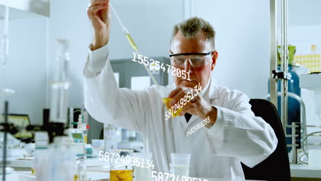 Scientist conducting experiment with pipette, data processing animation over laboratory scene