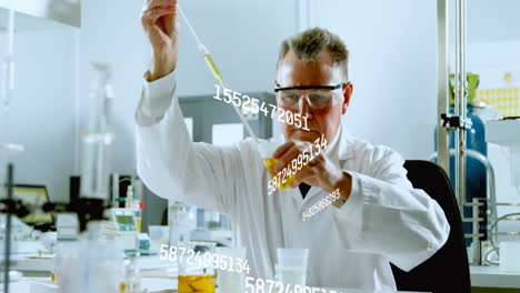 scientist conducting experiment with pipette, data processing animation over laboratory scene