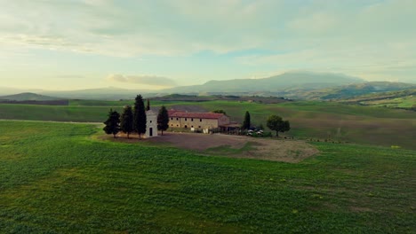 aerial of the chapel of the madonna di vitaleta, province of siena, italy