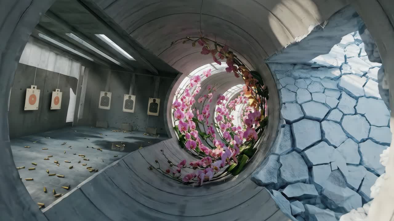 Orquídeas y casquillos de bala se transforman en un túnel de concreto surrealista