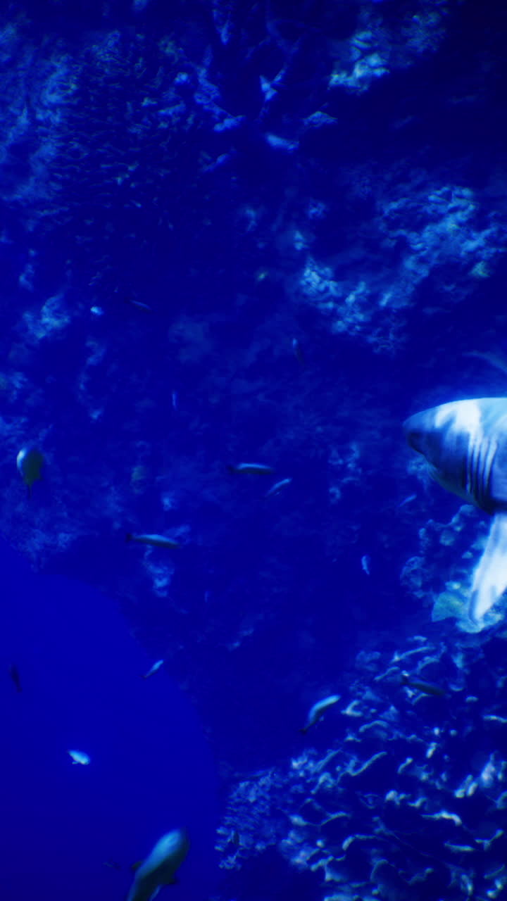 Un tiburón nada con elegancia en las profundidades del océano azul entre arrecifes de coral.
