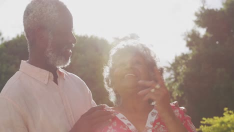 A-senior-African-American-couple-spending-time-together-in-the-garden-in-love