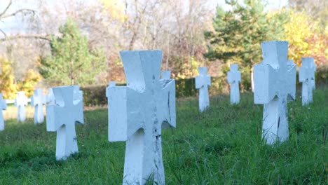 cemetery with white crosses in autumn
