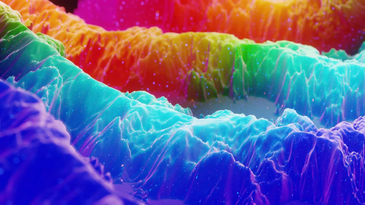 hermosa superficie abstracta 3d con extrusión o desplazamiento de ondas se transforman en bucle. gradiente arco iris. material mate suave como dulzura o mermelada con ligero brillo interno, brilla en la superficie de morphing.