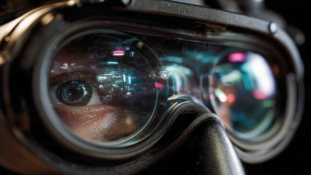 Close-Up Focus on High-Tech Goggles Highlighting Intricate Design and Enhanced Vision Features, Perfectly Capturing the Reflection of a Complex Environment through Advanced Optical Technology