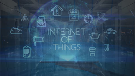 animación de texto e iconos de internet de las cosas en la sala del servidor