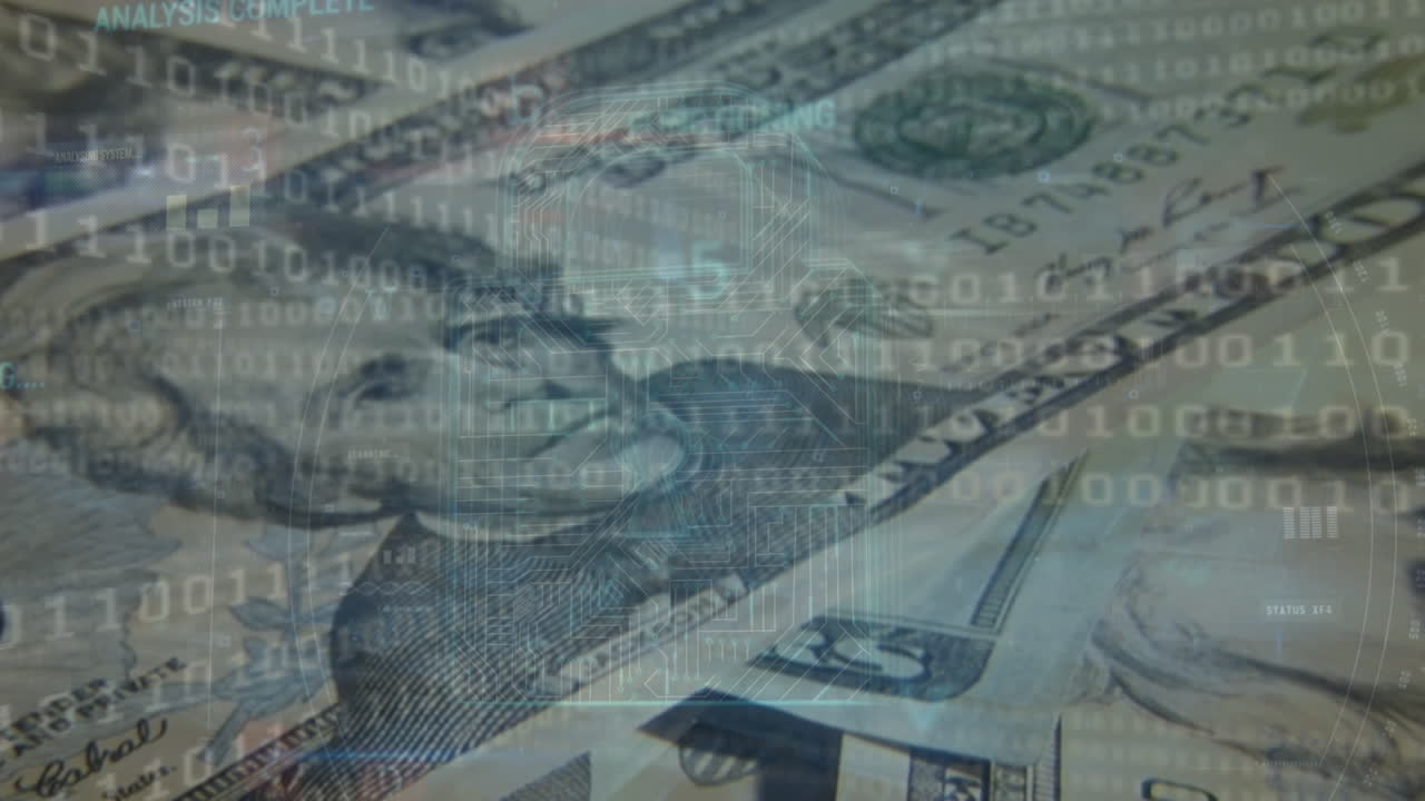 Animation of data processing over banknotes