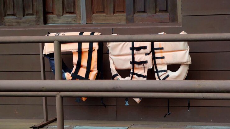 An establishing shot of three old orange faded lifejackets hanging over the railing of a houseboat drying in Kanchanaburi, Thailand