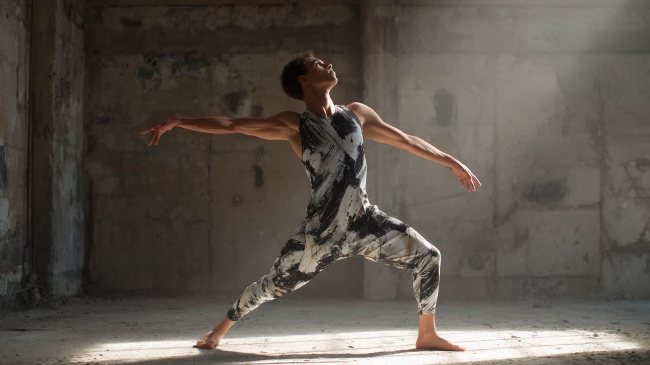Dynamic Dance Performance in an Abandoned Space Captivating Expression Through Fluid Movements, Highlighting Strength and Grace in an Open and Minimalistic Environment Enveloped in Natural Light