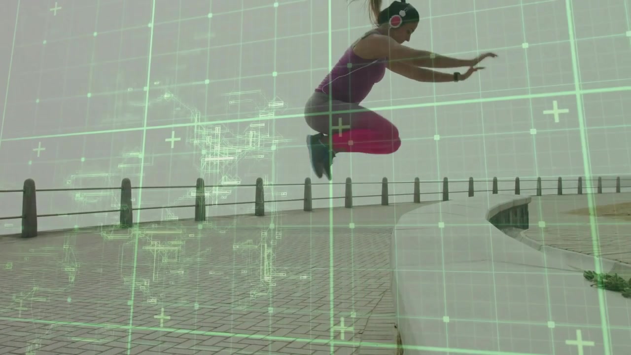 Adult woman hinging hips, launching onto curved sea wall for fitness training, HUD grid tracking