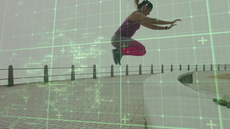 Adult woman hinging hips, launching onto curved sea wall for fitness training, HUD grid tracking