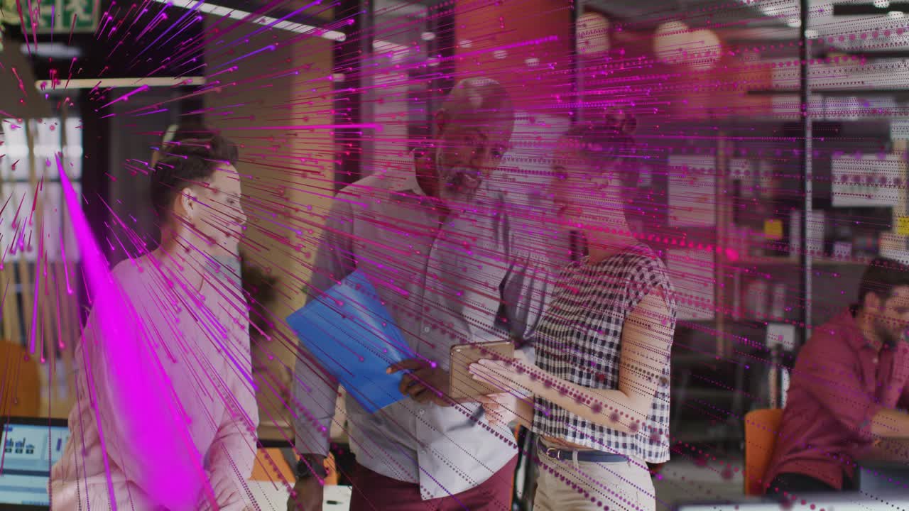 Radial overlay fading, showing team sharing blue folder green docs and checking tablet for business