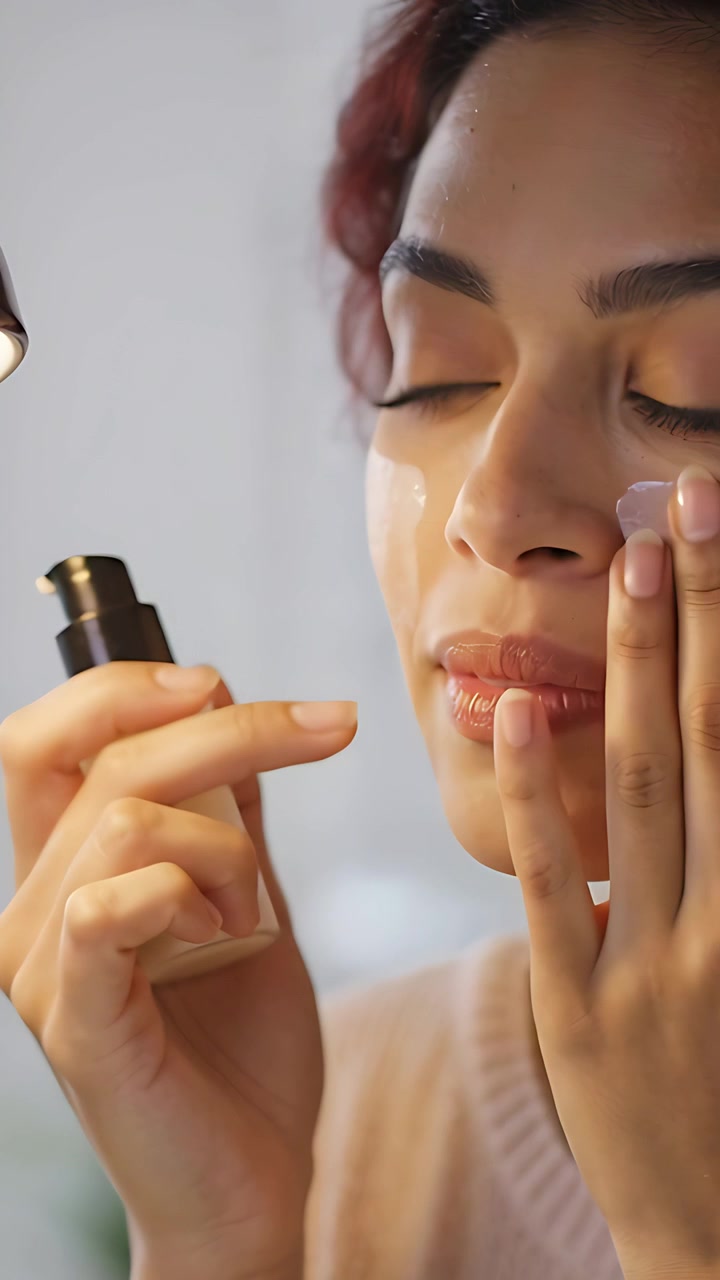Vertical video: Pumping pump bottle, woman applying cream on right cheek at vanity for skincare