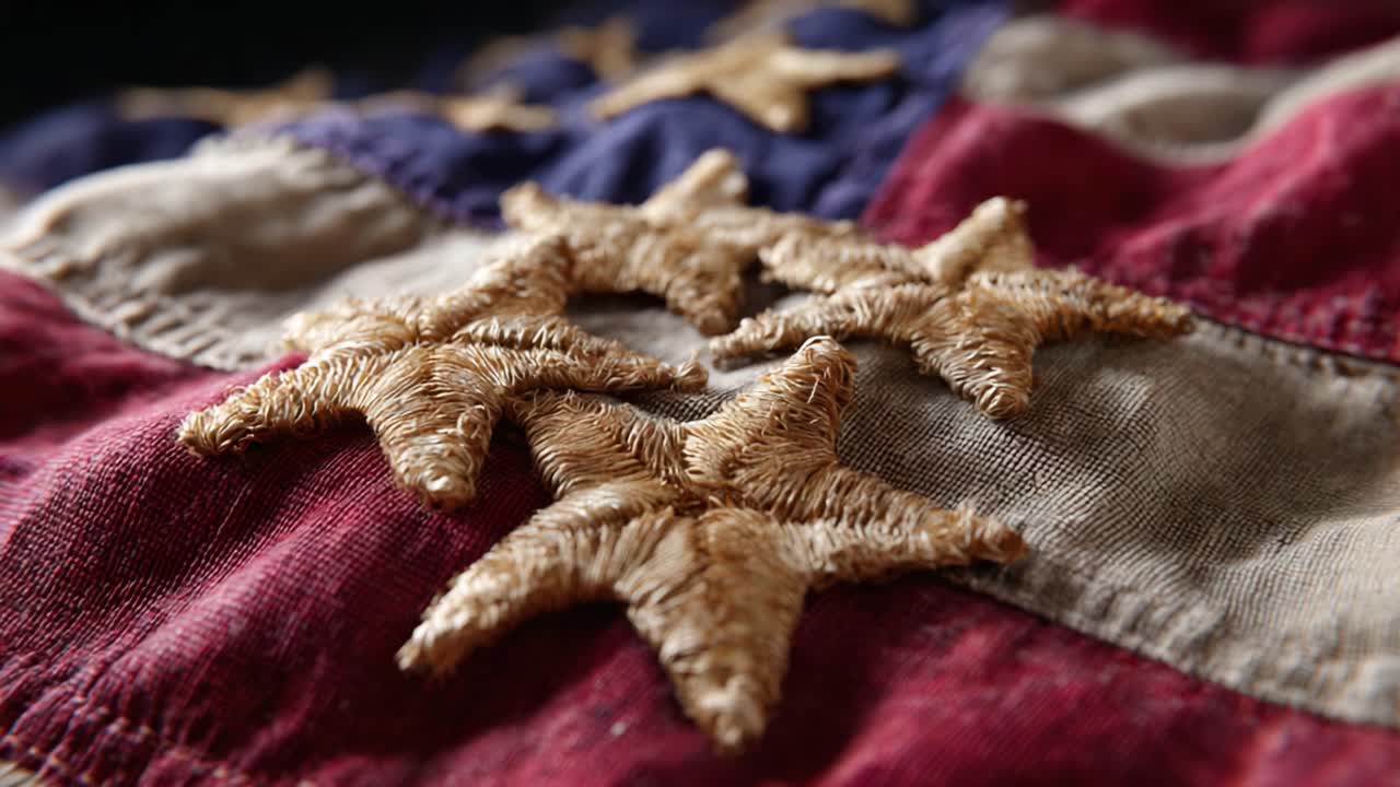 Close-Up View of Embroidered Stars on a Historical American Flag, Showcasing the Intricate Stitching and Rich Textures of Fabric in a Timeless Design