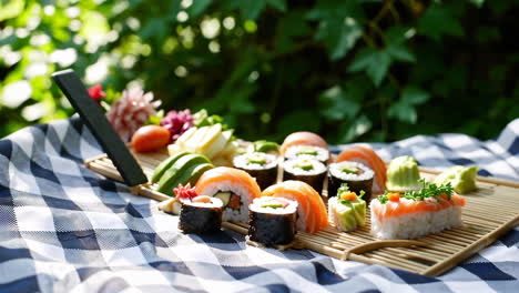 a person's hand interacting with a delicious sushi spread on a checkered tablecloth outdoors
