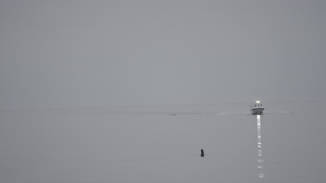 Cinematic wide shot of a solitary boat cruising across calm reflective water during dusk. Ideal for themes of solitude, serenity, travel, and poetic visual storytelling