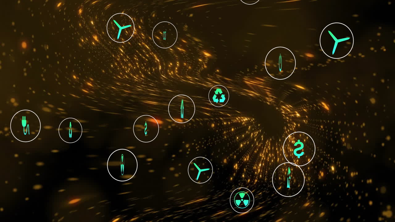 Teal energy and sustainability icons floating inside swirling golden light vortex in digital space