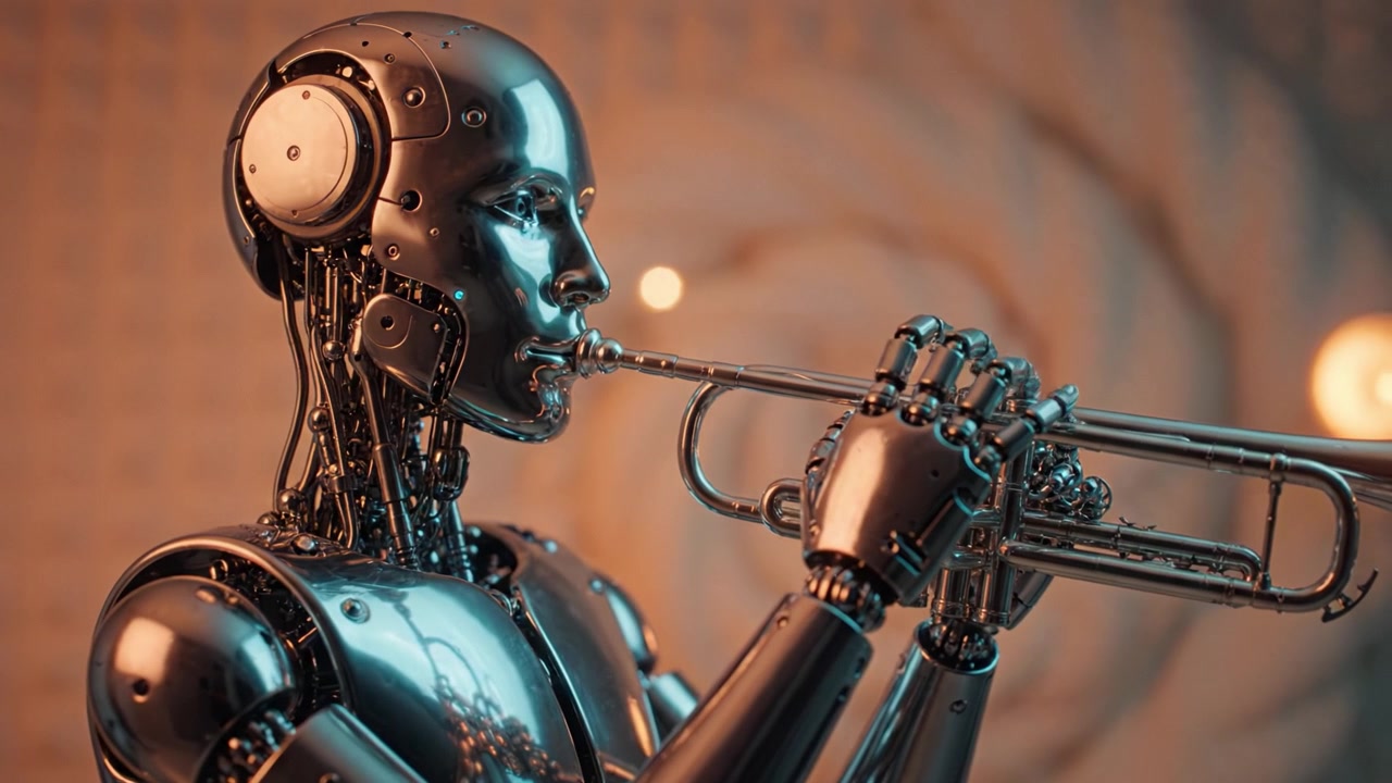 A futuristic robot elegantly playing the trumpet, showcasing a blend of artistry and technology in a beautifully designed, contemporary setting with soft lighting.