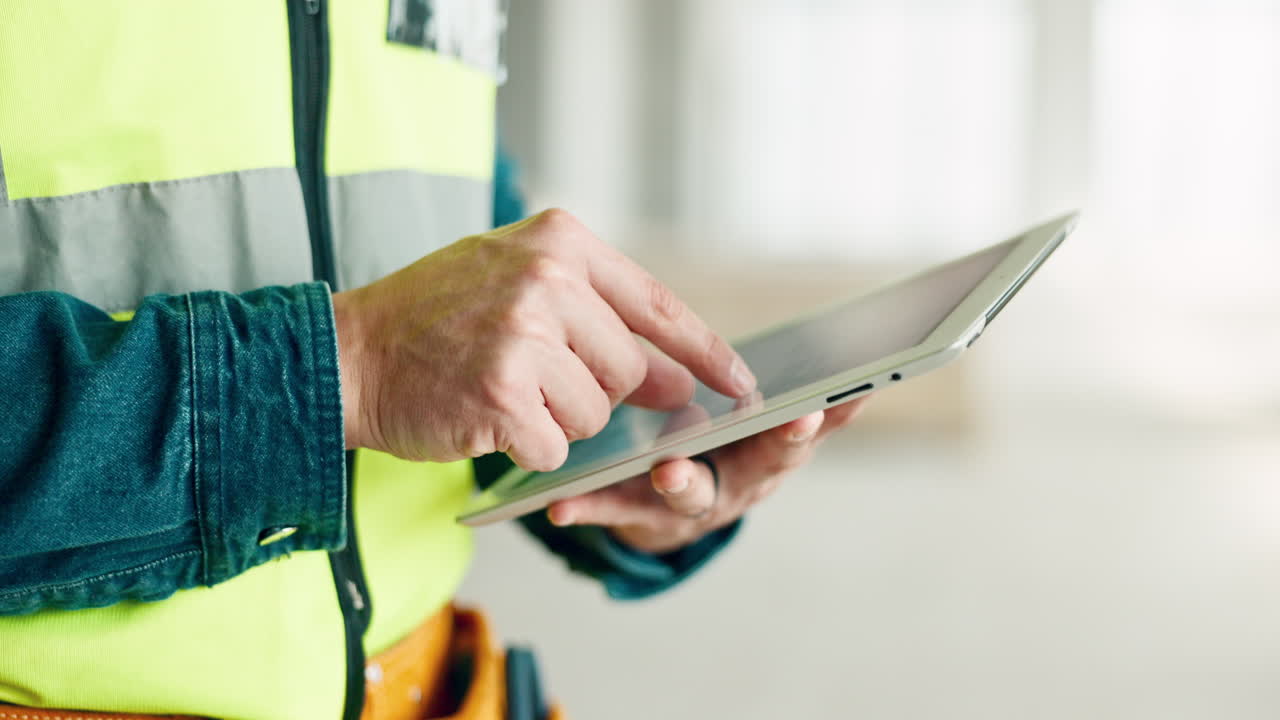 trabajador de construcción, tableta digital y trabajador de construcción