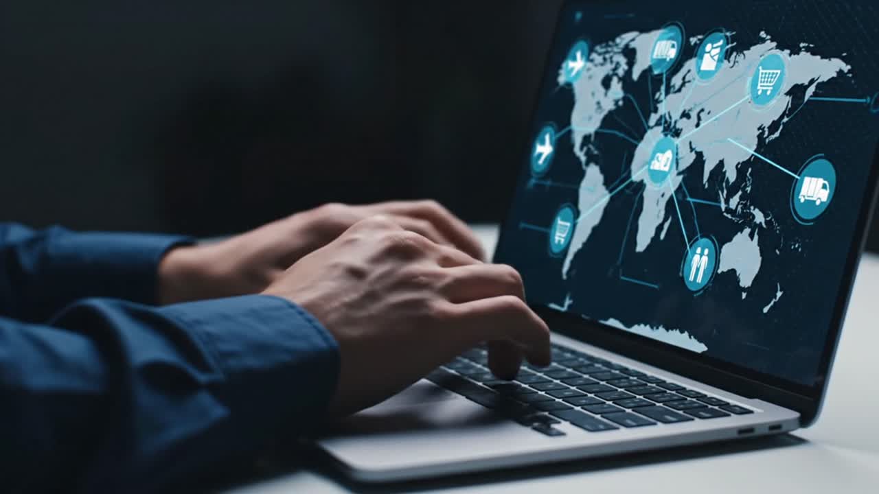 Hands typing on laptop keyboard working remotely
