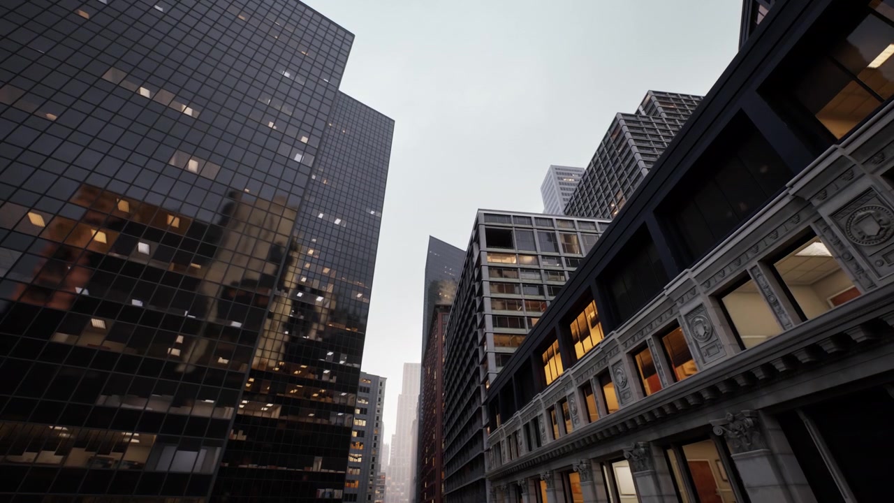 Estructuras de cristal modernas y calles estrechas que retratan una bulliciosa escena metropolitana