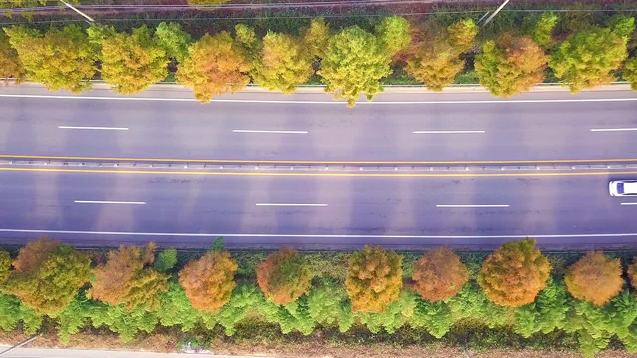 가을에 한국의 시골 도로의 공중 풍경