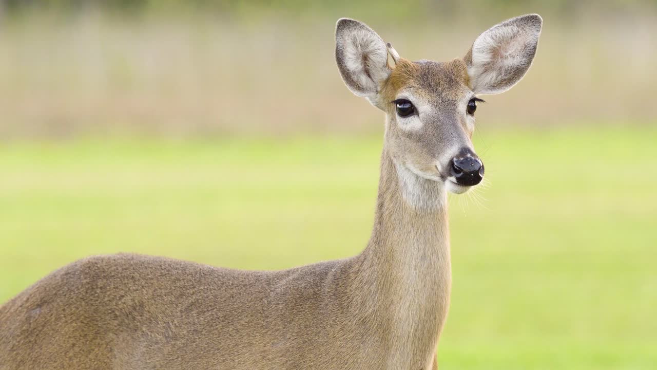 ciervo lamiendo la nariz de cerca con campo verde en segundo plano.