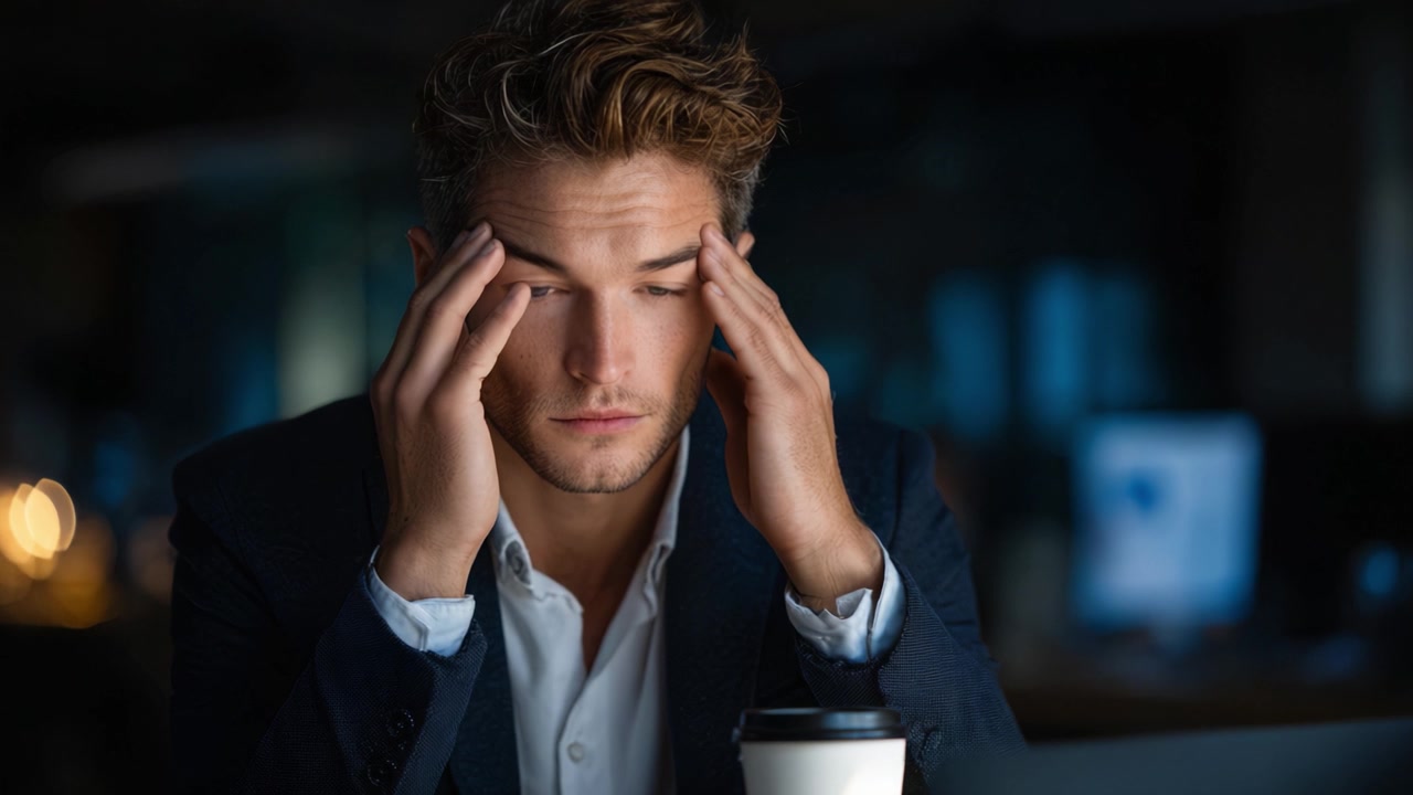 Seorang Pria Frustrasi di Kantor yang Gelap, Berjuang Melawan Stres dan Tekanan, Memegang Kepalanya Sambil Menatap Layar Komputer dengan Cangkir Kopi di Dekatnya